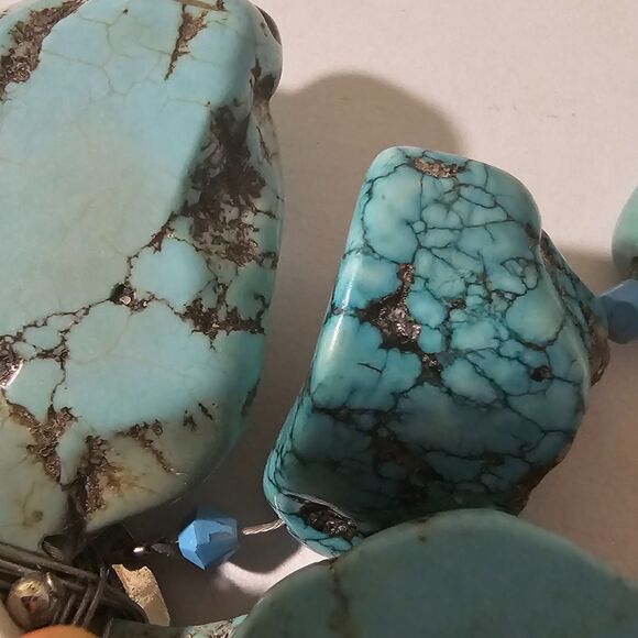 Turquoise Flower Statement Necklace, Chunky Slab Stone, Boho Southwestern Style - Picture 4 of 6